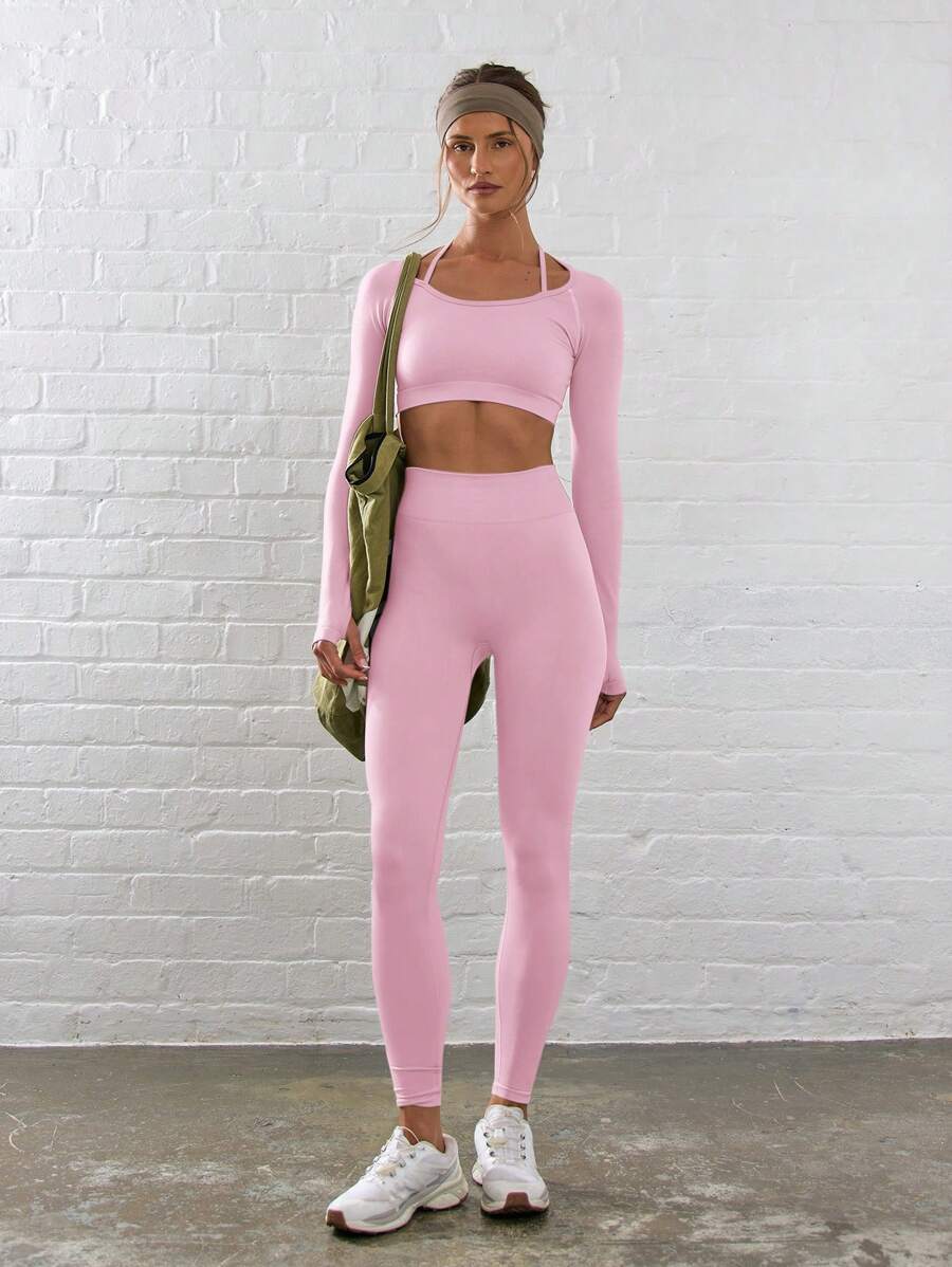 Musera Sport Ribbed High Waist Contour Activewear Leggings Workout Seamless Summer Yoga Gym Gym Fitness - Baby Pink - View 1