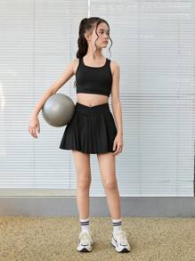 SHEIN Tween 女童休闲针织纯色吊带背心和短裙短裤运动套装