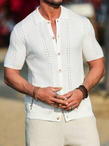 Manfinity Homme 男士纯色针织短袖纽扣 Polo 衫，夏季时尚度假休闲沙滩衬衫 - 白色 - 查看 4