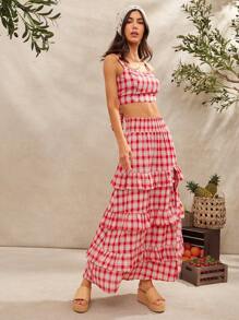 WESTFADE Western Country Spring Floral Embroidered Gingham Smocked High Waist Ruffle Tiered Skirt With Slit Summer Beach Vacation - Red - View 5