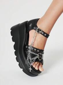 ROMWE Grunge Punk 女士心形深色朋克摇滚链条 PU 凉鞋，厚底坡跟