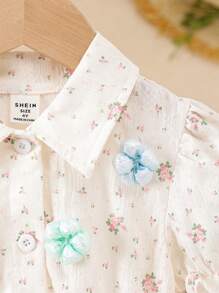 年轻女孩优雅白色泡泡袖衬衫裙，玫瑰花公主裙，新款夏季风格 - 白色 - 查看 6