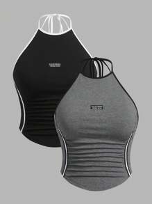 SHEIN ICON Plus Size 2pcs Color Block Striped Side Tie Halter Y2k Top (Pack Of 2) - Multicolor - View 1