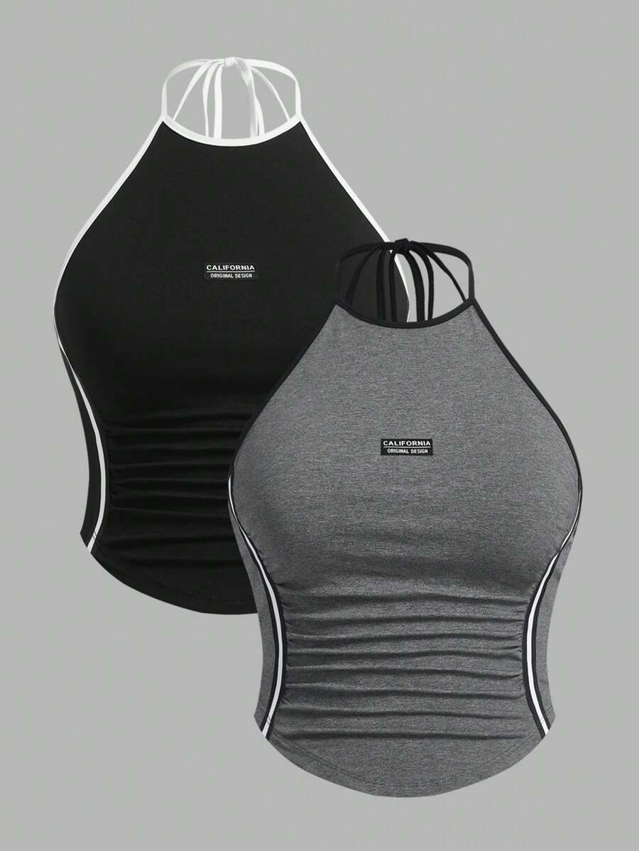 SHEIN ICON Plus Size 2pcs Color Block Striped Side Tie Halter Y2k Top (Pack Of 2) - Multicolor - View 1