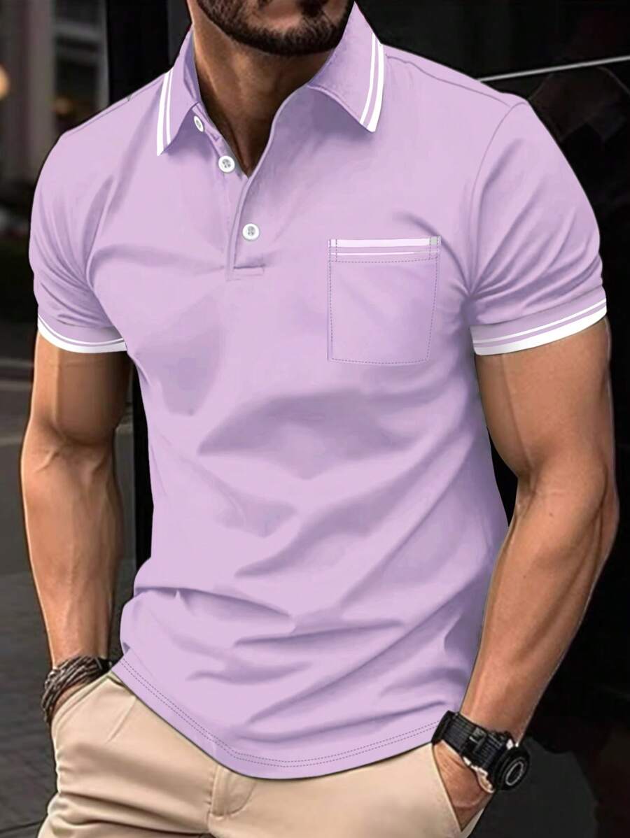 Calvornis Camiseta polo de manga corta casual y minimalista con ribete de contraste para hombres - Púrpura malva - Ver 1