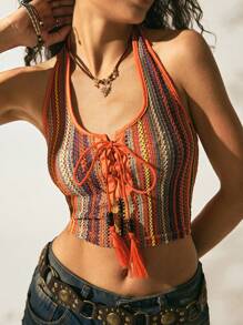 Easelle Áo len kẻ sọc cổ yếm phong cách cowgirl đi biển cho nữ, thời trang tối giản, mặc thường ngày, lễ hội mùa hè 2025 Boohoo - trái cam - Xem 5