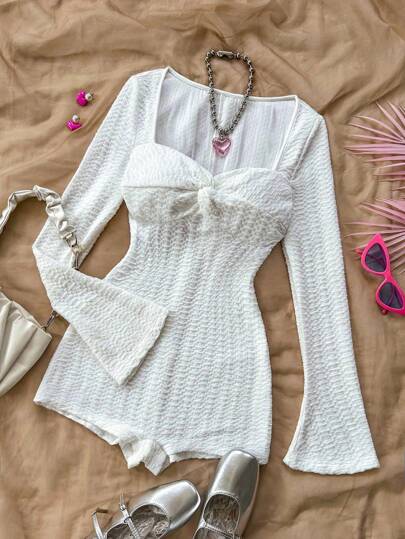 SHEIN 少女纯色提花扭纹细节长袖修身休闲连体衣，适合春夏季、情人节、优雅/校园/甜美风格