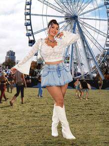 SHEIN ICON 时尚休闲水洗褶皱短裙 - 淺色水洗藍 - 查看 5