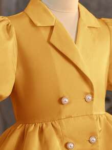 Young Girl Plain Collar Puff Sleeve Fitted Casual Dress - Gold - View 3