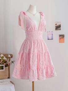 Soleia 女士浪漫花卉印花系肩迷你连衣裙，带有分层褶边和裹身前部设计，适合度假、约会、情人节 - 粉色 - 查看 3