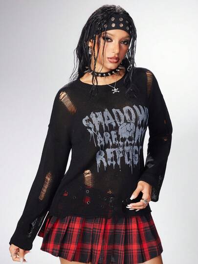 Grunge Punk Hollow-Out Distressed Lightweight Loose Women Knit Sweater Graphic Tops,Summer,Summerouis ,Summer Cothes,Streetwear Women's Concert Costumes, Rave Costumes, Carnival Costumes, Country Concert Costumes