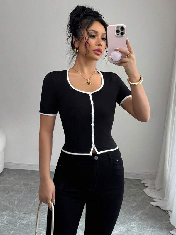 Elenzga Women Short Sleeve Contrast Trim Square Neck T-Shirt, Minimalist Fashion Suitable For Summer