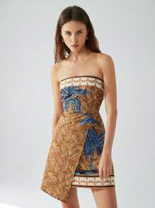 Aveloria Modichic Elegant Vacation Coconut Tree Print Bustier Faux Wrap Style Cinched Waist Women Short Dress