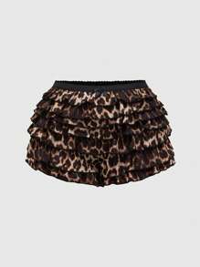 ROMWE Grunge Punk Plus Size Y2K Cheetah Leopard Print Multi-Layer Ruffle Trim Cake Mini Shorts - Multicolor - View 1
