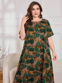 SHEIN Lacomfia Abito casual a fiori con maniche corte, morbido e ampio, taglie forti, adatto per primavera ed estate