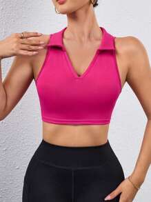 SHEIN Sovereign Charm Top corto de mujer con cuello en V ajustado de unicolor para actividades - Rosa Fucsia - Ver 4