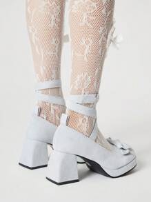 ROMWE Kawaii 女式哥特朋克包头玛丽珍鞋，带绑带、蝴蝶结、粗跟、正装高跟鞋 - 米色 - 查看 5