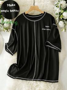 Mulvari Plus Size Casual Contrast Color Stitch Letter Print T-Shirt