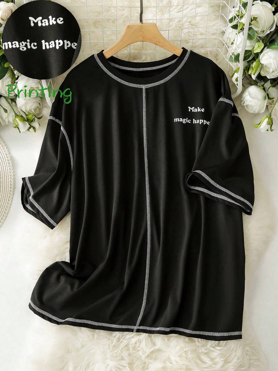 Mulvari Plus Size Casual Contrast Color Stitch Letter Print T-Shirt