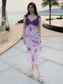 DAZY 新款春季女式长款印花连衣裙，采用色块和花卉图案，适合初次约会婚礼女装 - 紫色 - 查看 6