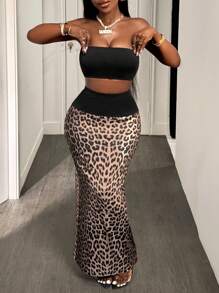 BamGleam 女式性感豹纹拼布短款上衣和半身裙两件套