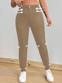 Flirla 大码紧身裤，极简风格适合夏季 - 卡其色 - 查看 1