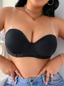 Plus Size Detachable Transparent Strap Sexy Underwire Cup Bra, Lift - Black - View 4