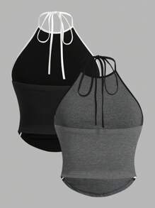 SHEIN ICON Plus Size 2pcs Color Block Striped Side Tie Halter Y2k Top (Pack Of 2) - Multicolor - View 2