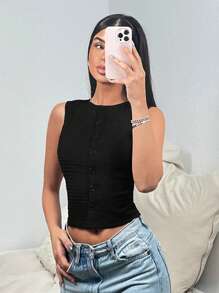 SHEIN EZwear Casual Solid Color Textured Front Button Tank Top
