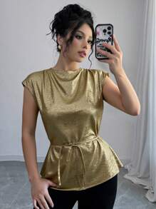 Chiquease 女士优雅 V 领纯色系腰无袖衬衫上衣 - 金色 - 查看 1