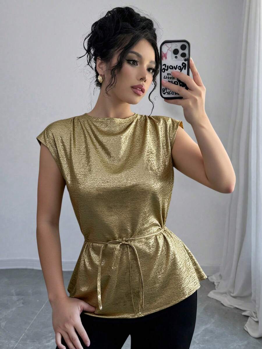 Chiquease 女士优雅 V 领纯色系腰无袖衬衫上衣 - 金色 - 查看 1