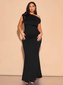 SHEIN BAE 大码女士春夏服装，优雅不对称不对称领口超长鱼尾连衣裙，适合休闲约会、聚会、派对、俱乐部服装、万圣节、情人节、婚礼嘉宾、舞会、生日女士礼服 - 黑色 - 查看 5