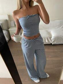 SHEIN Girlism Conjunto de Top Canelada Listrada Azul Marinho e Branca com Laço e Calça Pantalona Larga, Estilo Vintage Confortável e Casual, Adequado para Meninas Tween em Casa