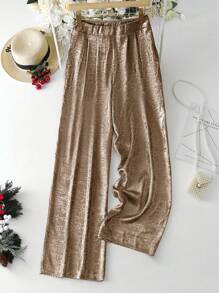 SHEIN Clasi Women's Solid Color Metallic Pleated Loose Wide Leg Pants - Bronze - View 1