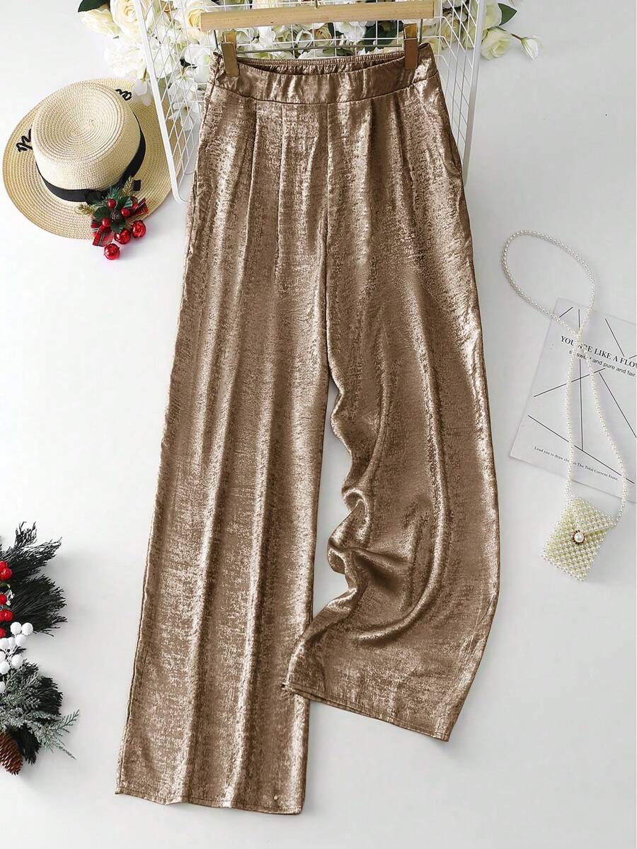 SHEIN Clasi Women's Solid Color Metallic Pleated Loose Wide Leg Pants - Bronze - View 1