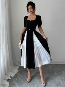 Elenzga Elegant Commuting Colorblock Pleated Patchwork Dress