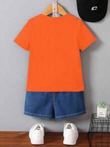 Áo thun cổ tròn tay ngắn in chữ Slogan họa tiết đơn giản thoải mái cho bé trai, mùa hè - trái cam - Xem 2