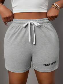 Slaydiva 2025 Spring And Summer New Style Music Festival Easter Western Style Nomadic Style Birthday Party Graduation Season Student Wear Daily Outing Basic And Versatile Leisure Vacation Cruise Travel Beach Seaside Sunbathing Internet Celebrity Hot Style Simple And Casual Street Style Women's Casual Basic Sporty Elastic Waist Letter Logo Print Pocket Fitted Short