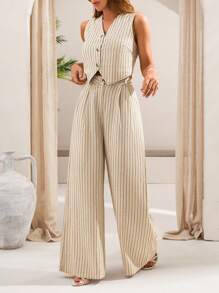SHEIN Tall Conjunto casual de traje sastre de mujer con chaleco de rayas y pantalones