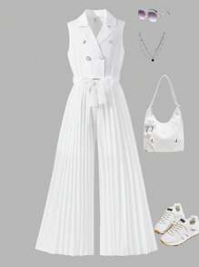 SHEIN Girls Elegant Commuter Sleeveless Lapel Collar Hollow Out Pleated Comfortable Textured Loose Jumpsuit - White - View 1