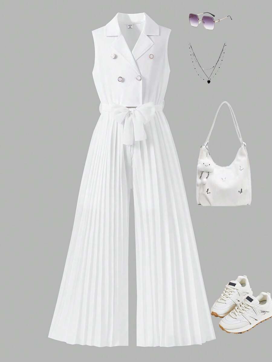 SHEIN Girls Elegant Commuter Sleeveless Lapel Collar Hollow Out Pleated Comfortable Textured Loose Jumpsuit - White - View 1