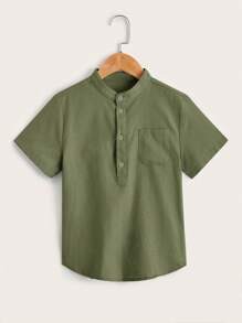 Tween Boy Mock Neck Half Button Pocket Patched Shirt