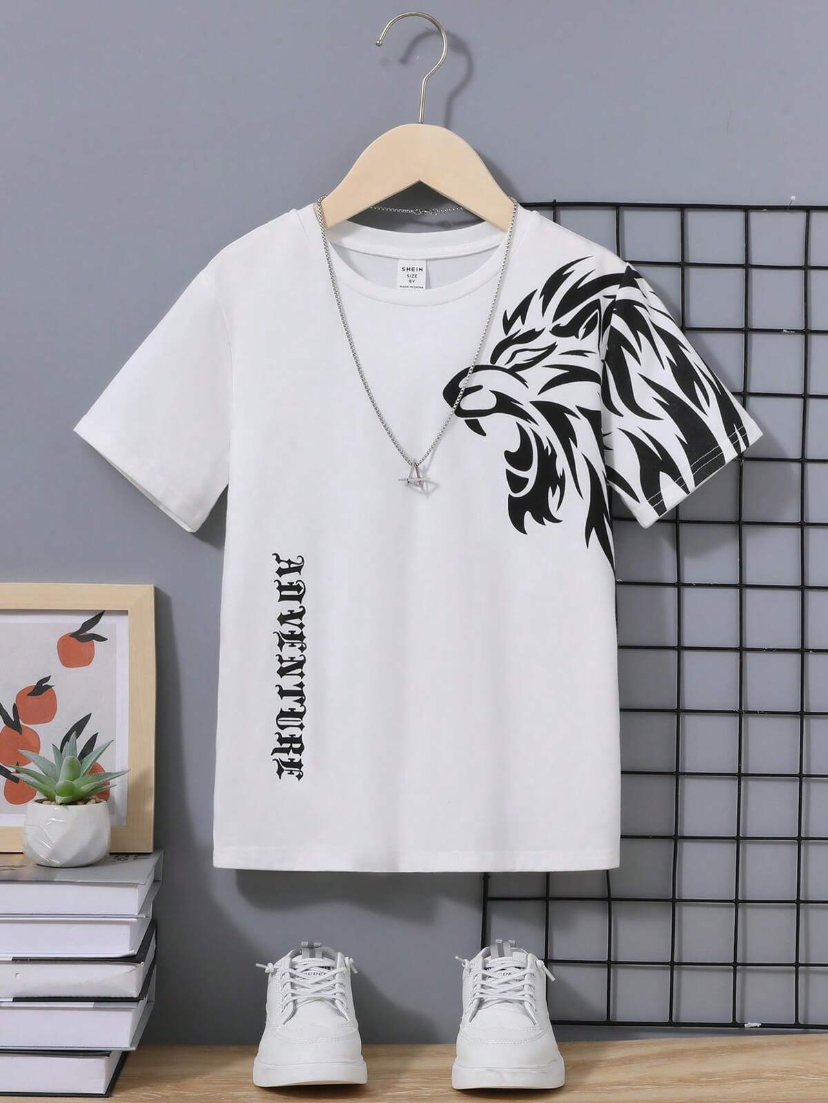 SHEIN T-shirt graphique avec lion et lettres pour pré-adolescents, tricot décontracté