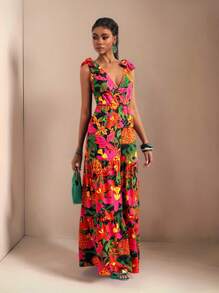 Zivah Mono sin mangas con estampado floral y detalle anudado en los hombros, estilo de vacaciones para mujer