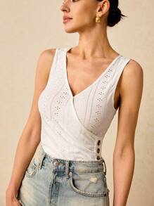 Poéselle 夏季假期婚礼女士 V 领提花纹理褶皱紧身衣，白色必备，夏季服装，婚礼季节必备，Cottagecore - 白色 - 查看 6