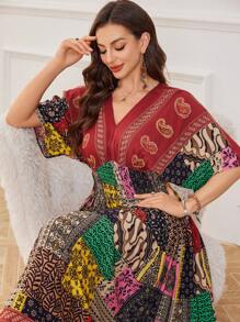 SHEIN Lacomfia Casual Modest Placement Floral Design Dress For Women - Red - View 4