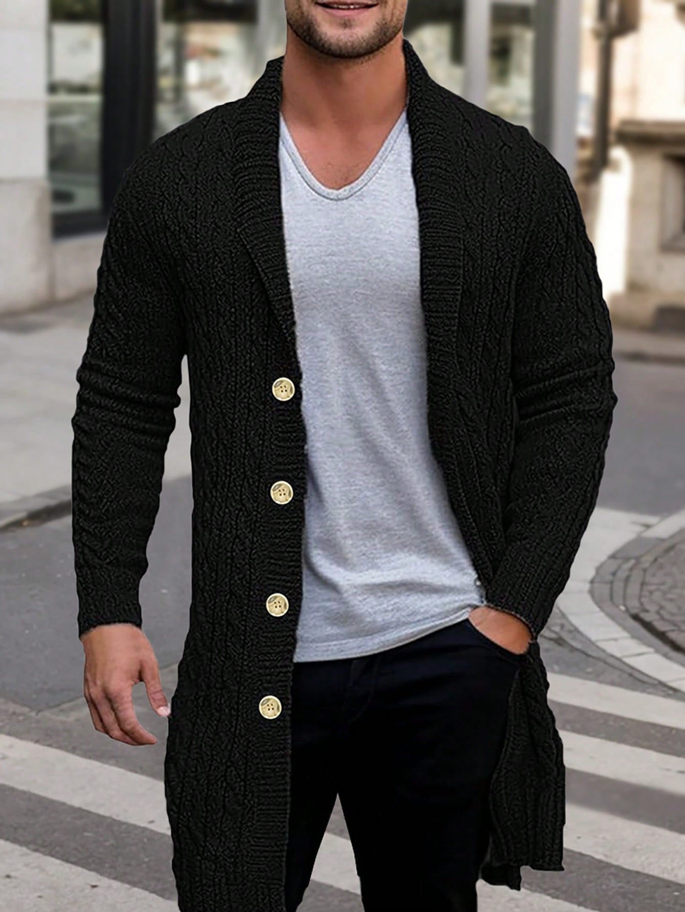 Manfinity Dauomo Men's Solid Color Long Sleeve Single-Breasted Casual Black Cardigan, Autumn & Winter