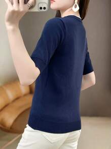 SHEIN LUNE Top de punto informal con decoración de botones lisos, estilo coreano - azul real - Ver 2