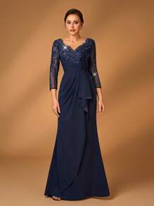 Serin Elegant Luxurious Sheer Long Sleeve Embroidered Sequin Lace Patchwork Elastic Knit Butterfly Frill Ruffle Mermaid Hem Dress, Suitable For Wedding, Party, Vacation, Prom, Bridal Mother Formal Gown - Navy Blue - View 2