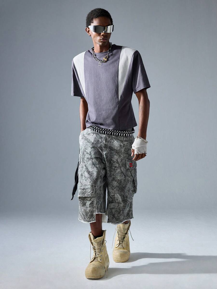 NEON BLANC Men's Street Fashion Knit Round Neck Patchwork Grey Short Sleeve T-Shirt - Grey - View 1